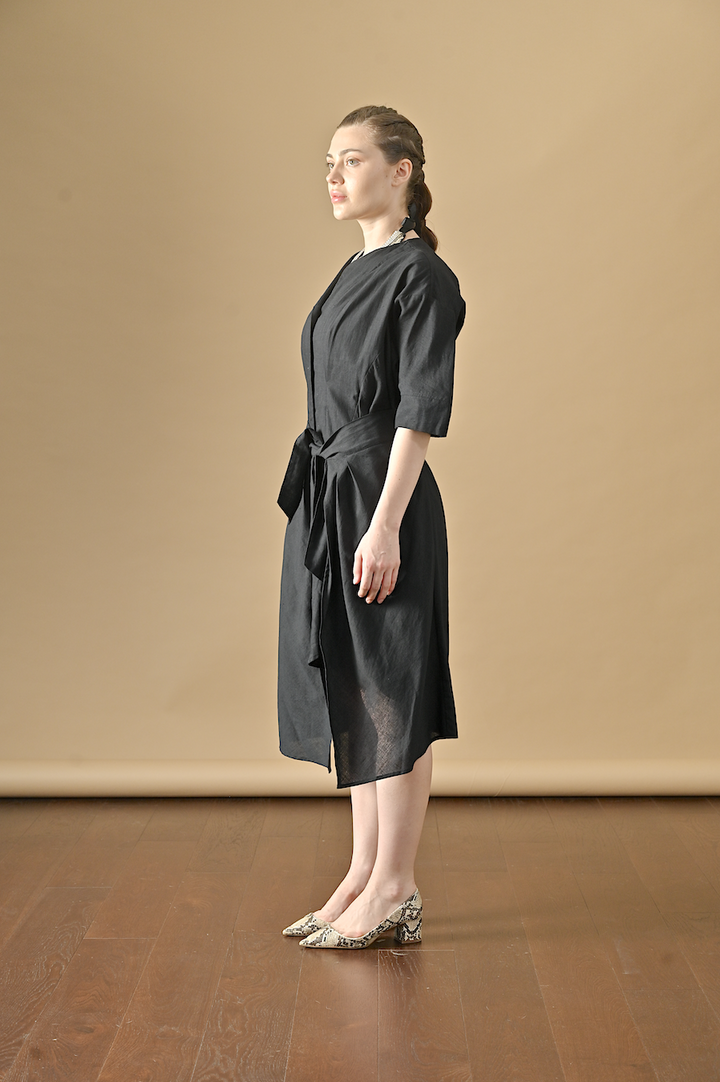 Aster, Khadi  Wrap Shirt Dress in Black - kinchecom