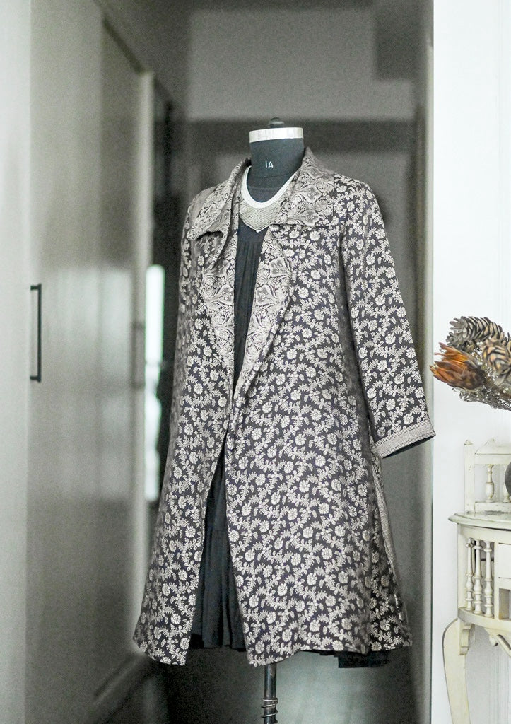 Jama 44, Long Robe Style Coat made with Vintage Zari Silk  Saree in Black and Vintage Gold, XL