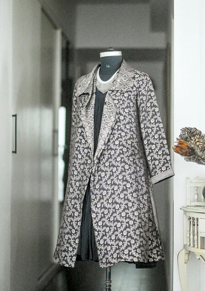 Jama 44, Long Robe Style Coat made with Vintage Zari Silk  Saree in Black and Vintage Gold, XL