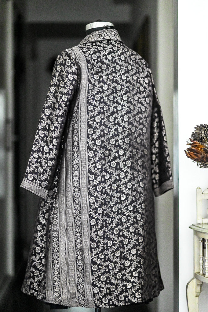 Jama 44, Long Robe Style Coat made with Vintage Zari Silk  Saree in Black and Vintage Gold, XL