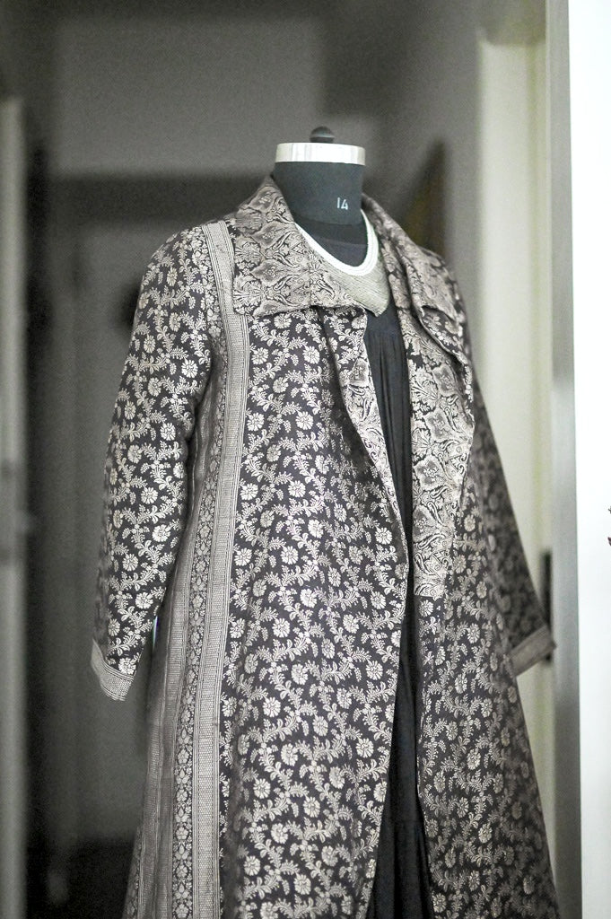 Jama 44, Long Robe Style Coat made with Vintage Zari Silk  Saree in Black and Vintage Gold, XL