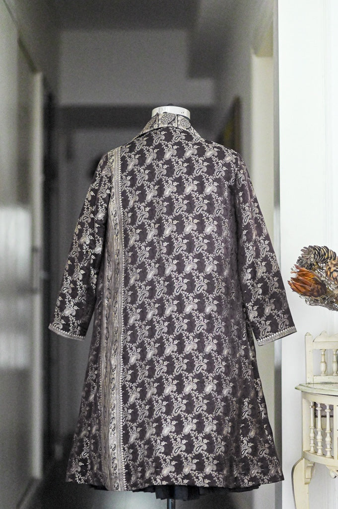 Jama 43, Long Robe Style Coat made with Vintage Zari Silk  Saree in Dark Burgundy and Vintage Gold, XL