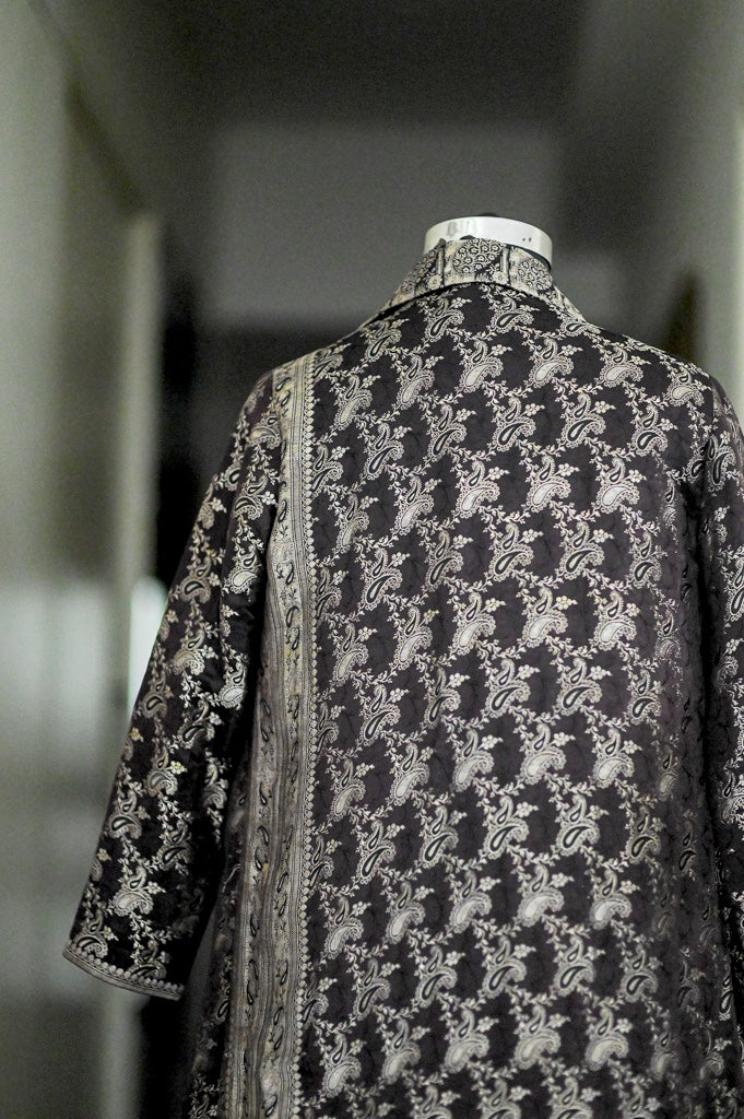 Jama 43, Long Robe Style Coat made with Vintage Zari Silk  Saree in Dark Burgundy and Vintage Gold, XL