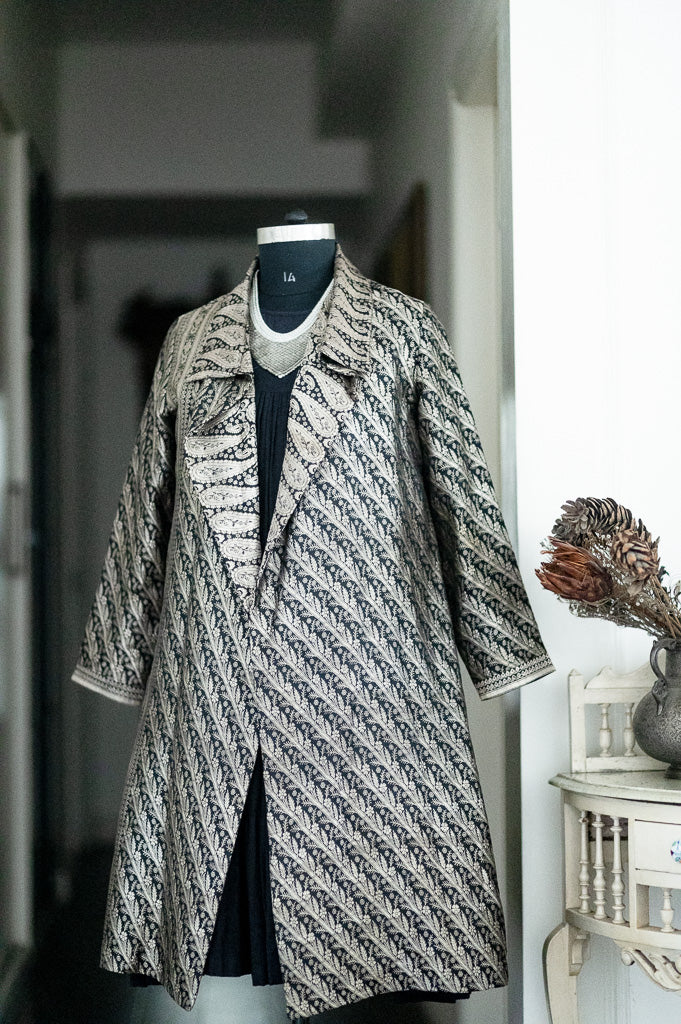 Jama 38, Long Robe Style Coat made with Vintage Zari Silk  Saree in Black and Vintage Silver