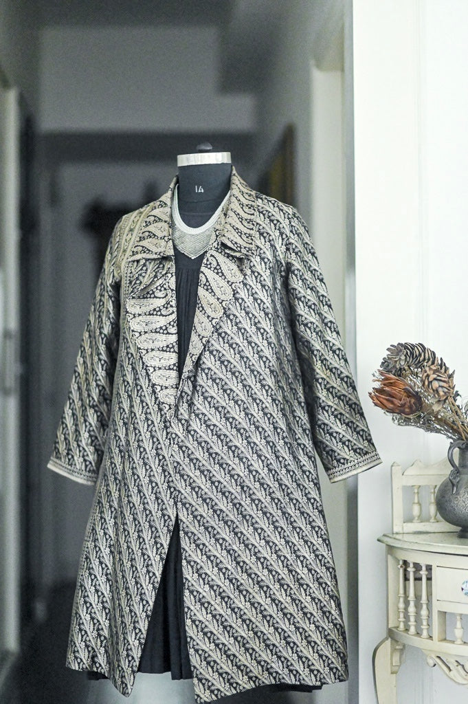 Jama 38, Long Robe Style Coat made with Vintage Zari Silk  Saree in Black and Vintage Silver