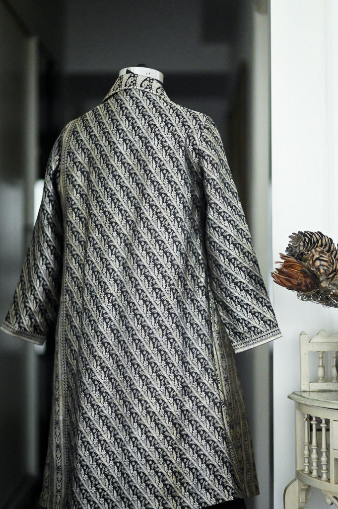 Jama 38, Long Robe Style Coat made with Vintage Zari Silk  Saree in Black and Vintage Silver