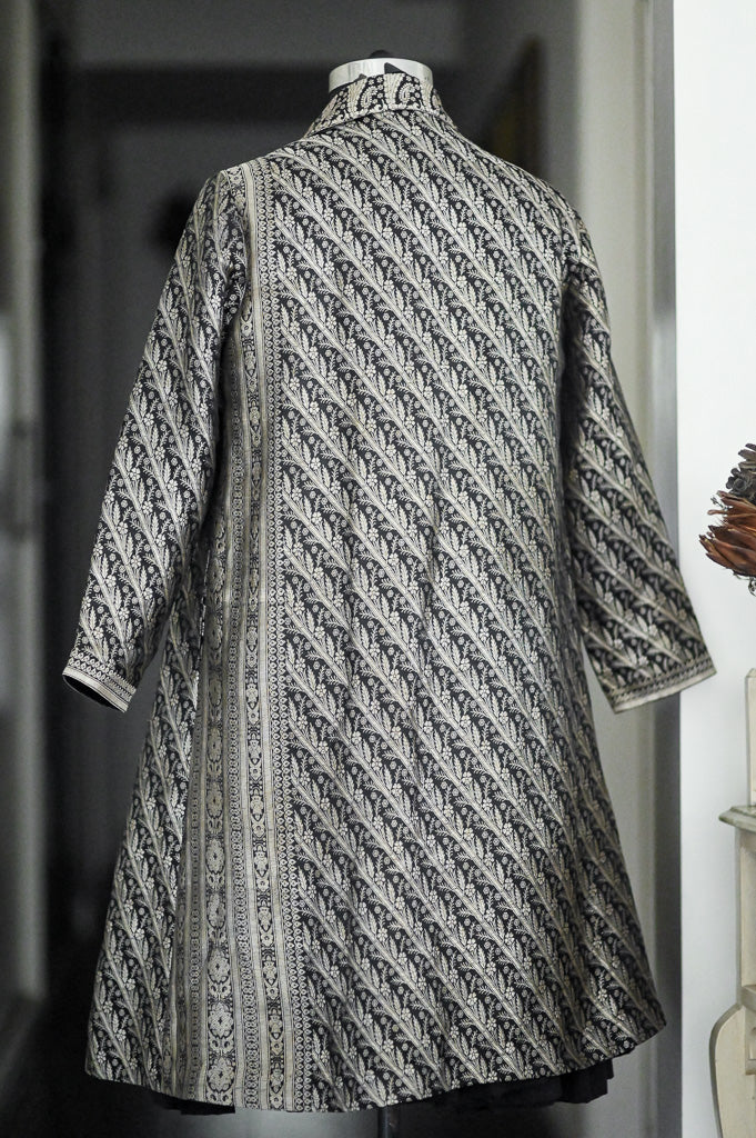 Jama 38, Long Robe Style Coat made with Vintage Zari Silk  Saree in Black and Vintage Silver
