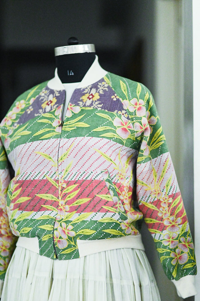 XL, Rachel, One of a Kind, Vintage Kantha Bomber, Hand Embroidered - kinchecom