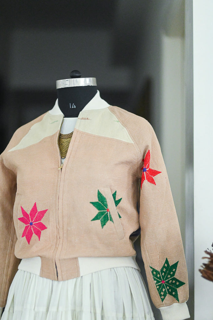 Christa, kinche *Rare, Hand Embroidered, Rural Motif Vintage Kantha Bomber - kinchecom