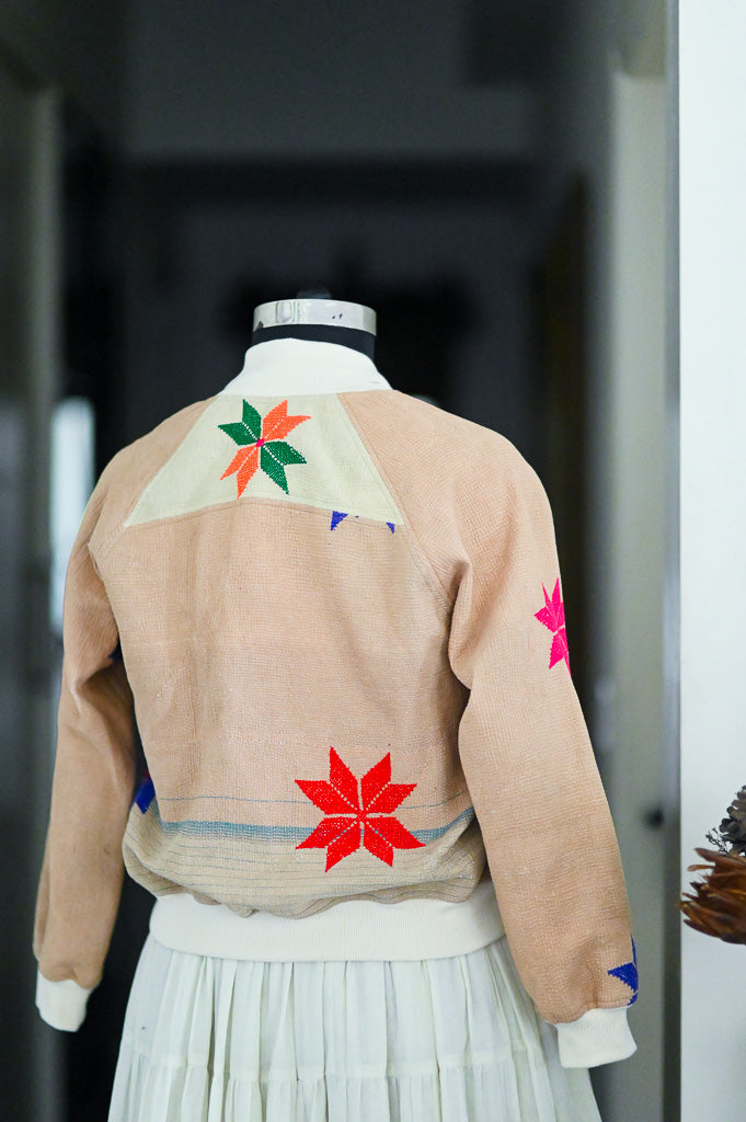 Christa, kinche *Rare, Hand Embroidered, Rural Motif Vintage Kantha Bomber - kinchecom