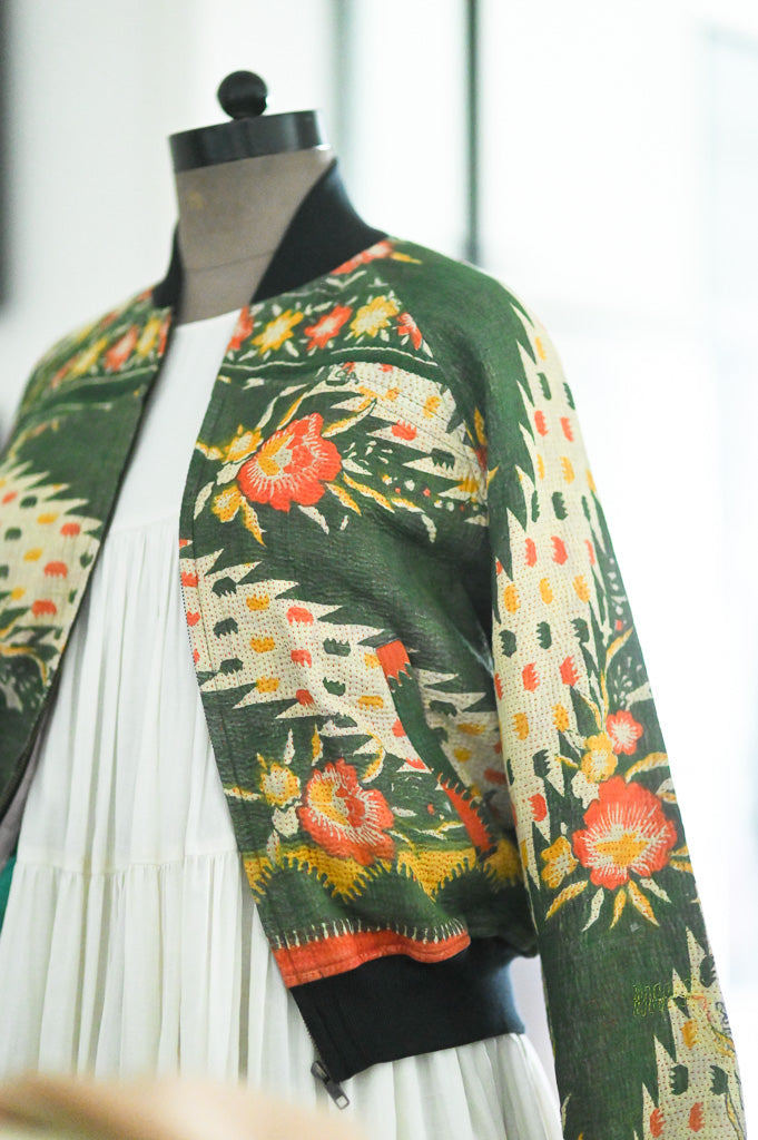 S-Medium/Liya, Hand Embroidered Vintage Kantha Bomber Jacket - kinchecom