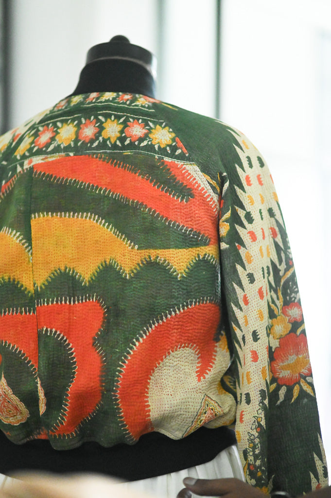 S-Medium/Liya, Hand Embroidered Vintage Kantha Bomber Jacket - kinchecom