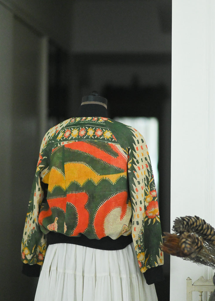 S-Medium/Liya, Hand Embroidered Vintage Kantha Bomber Jacket - kinchecom