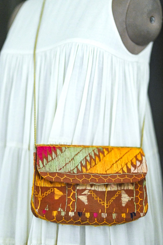 Kirti, Notebook Clutch made with Vintage Phulkari Bagh &amp; brass Chain