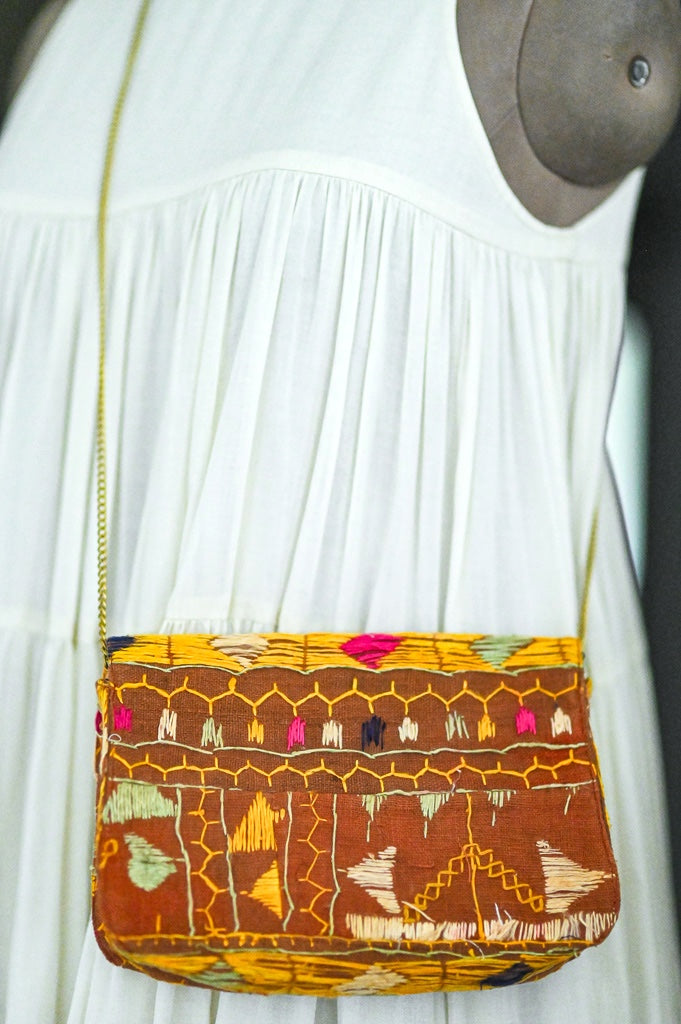 Kirti, Notebook Clutch made with Vintage Phulkari Bagh &amp; brass Chain