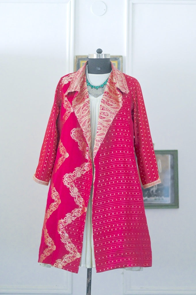Jama 42, Long Robe Style Coat made with Vintage Zari Silk  Saree in Rare Weave, Fuschia