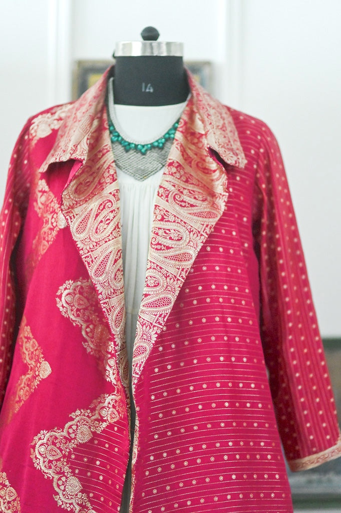 Jama 42, Long Robe Style Coat made with Vintage Zari Silk  Saree in Rare Weave, Fuschia