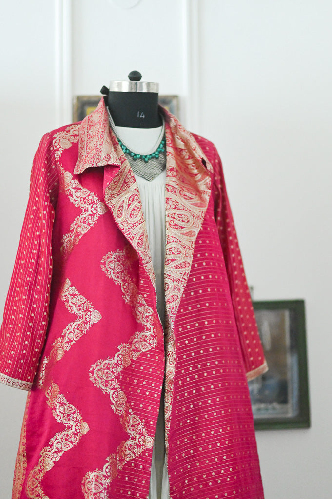 Jama 42, Long Robe Style Coat made with Vintage Zari Silk  Saree in Rare Weave, Fuschia