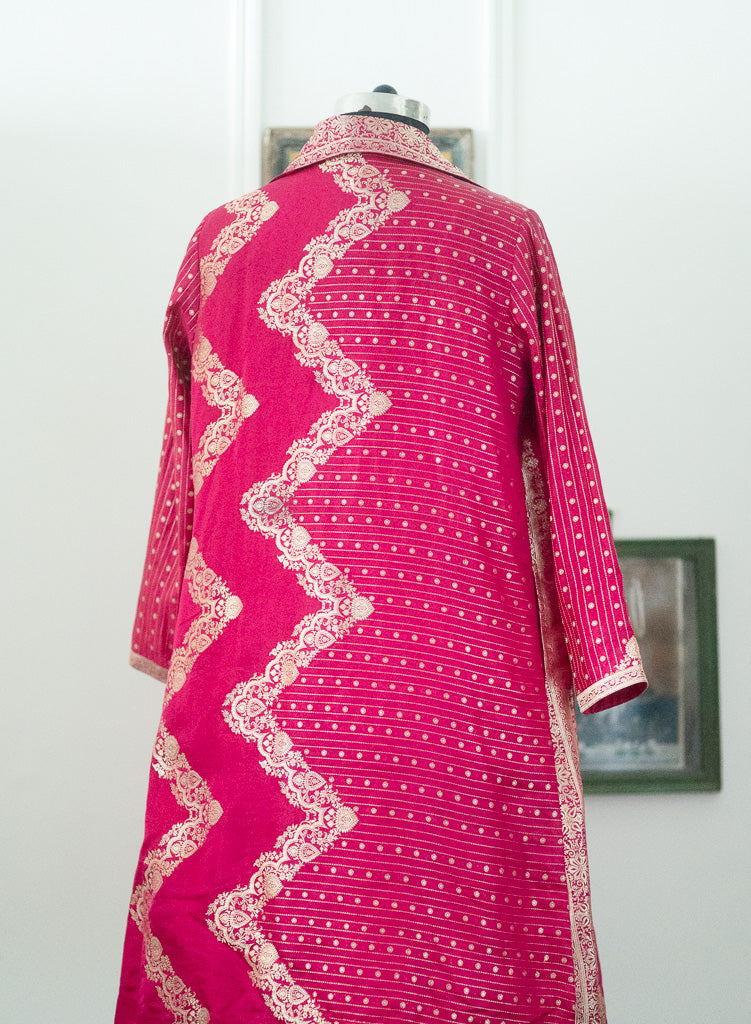 Jama 42, Long Robe Style Coat made with Vintage Zari Silk  Saree in Rare Weave, Fuschia