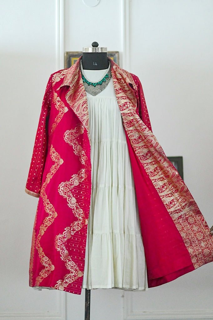 Jama 42, Long Robe Style Coat made with Vintage Zari Silk  Saree in Rare Weave, Fuschia