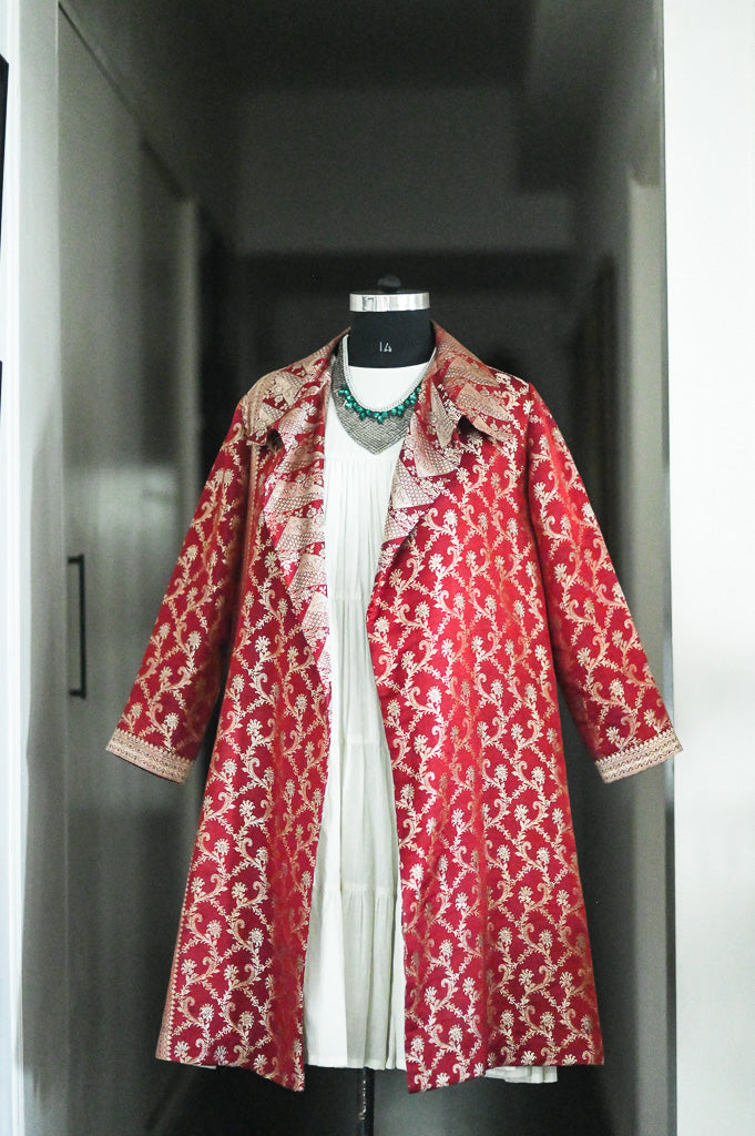 Jama 40, Long Robe Style Coat made with Vintage Zari Silk  Saree in Rare Weave, Deep Red