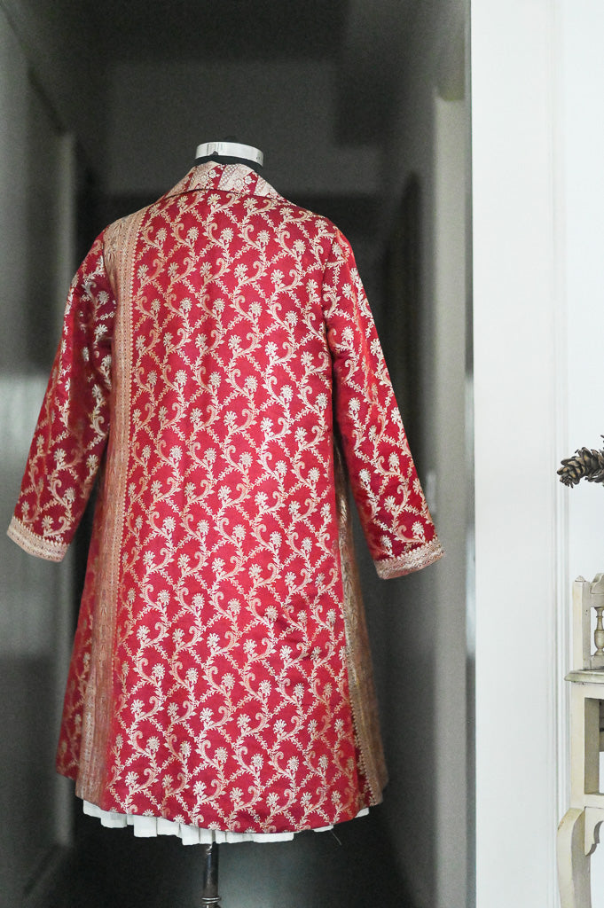 Jama 40, Long Robe Style Coat made with Vintage Zari Silk  Saree in Rare Weave, Deep Red