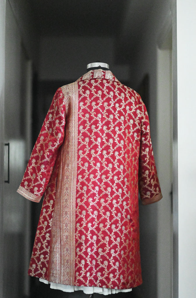 Jama 40, Long Robe Style Coat made with Vintage Zari Silk  Saree in Rare Weave, Deep Red