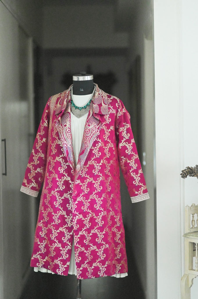 Jama 45, Long Robe Style Coat made with Vintage Zari Silk  Saree in Dark Fuschia