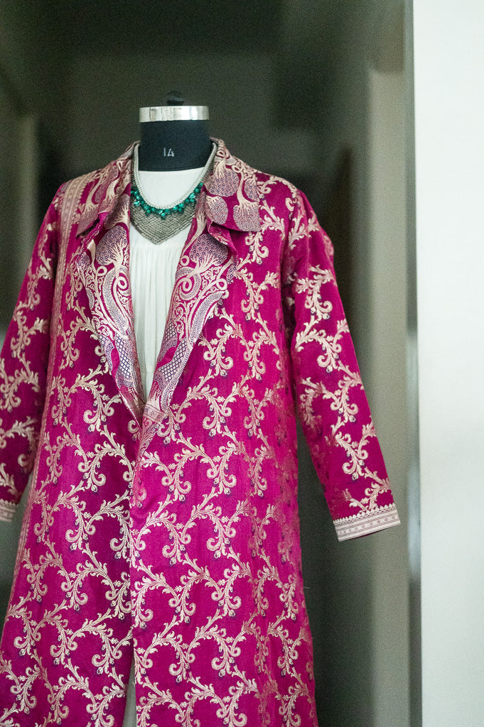 Jama 45, Long Robe Style Coat made with Vintage Zari Silk  Saree in Dark Fuschia