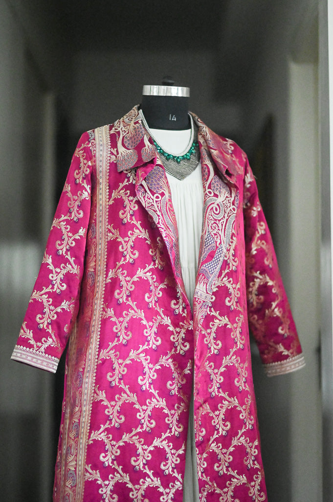 Jama 45, Long Robe Style Coat made with Vintage Zari Silk  Saree in Dark Fuschia