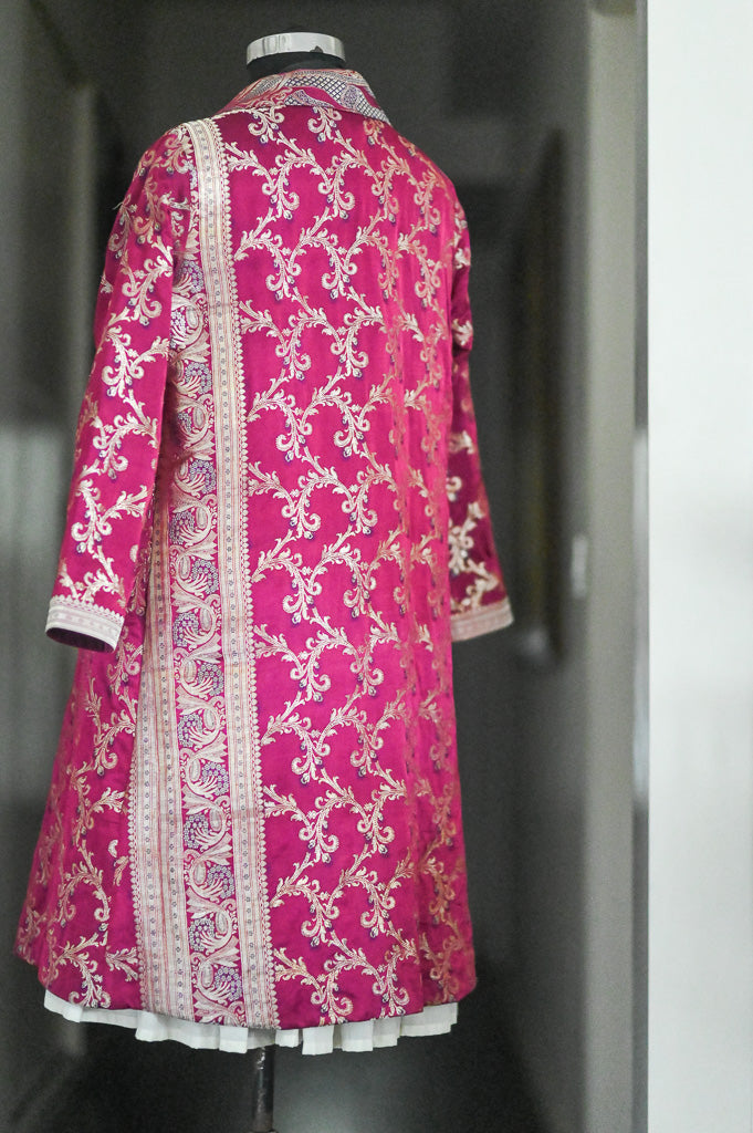 Jama 45, Long Robe Style Coat made with Vintage Zari Silk  Saree in Dark Fuschia