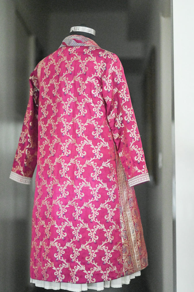 Jama 45, Long Robe Style Coat made with Vintage Zari Silk  Saree in Dark Fuschia
