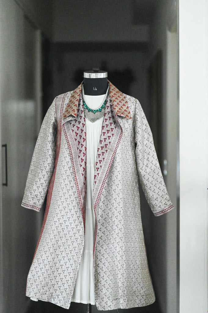 Jama 41, Long Robe Style Coat made with Vintage Zari Silk  Saree in Rare Weave, Silver