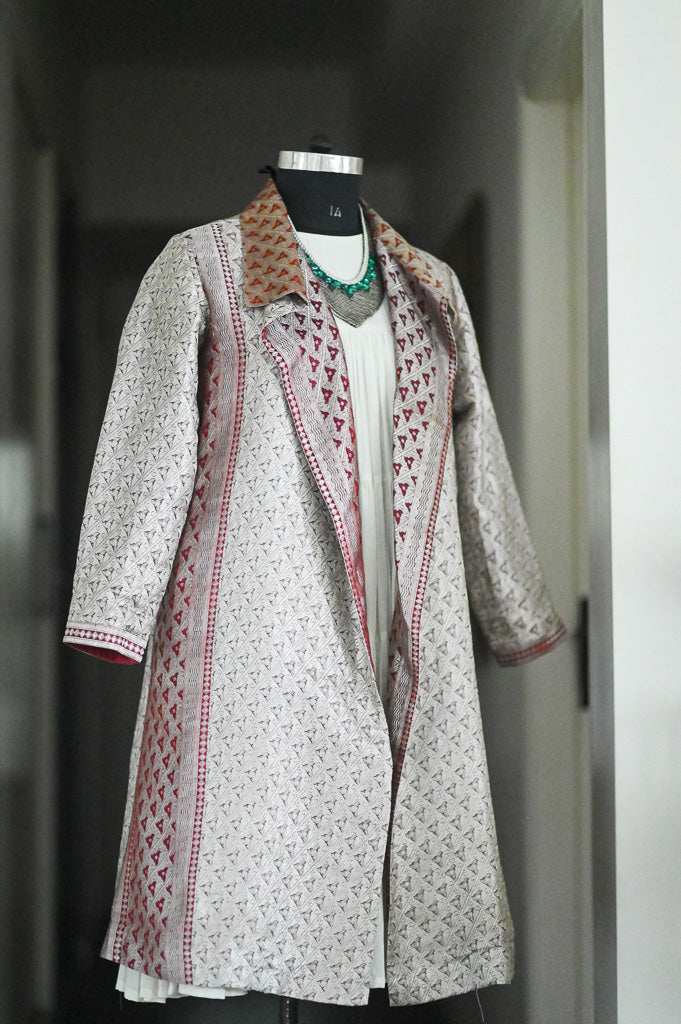 Jama 41, Long Robe Style Coat made with Vintage Zari Silk  Saree in Rare Weave, Silver