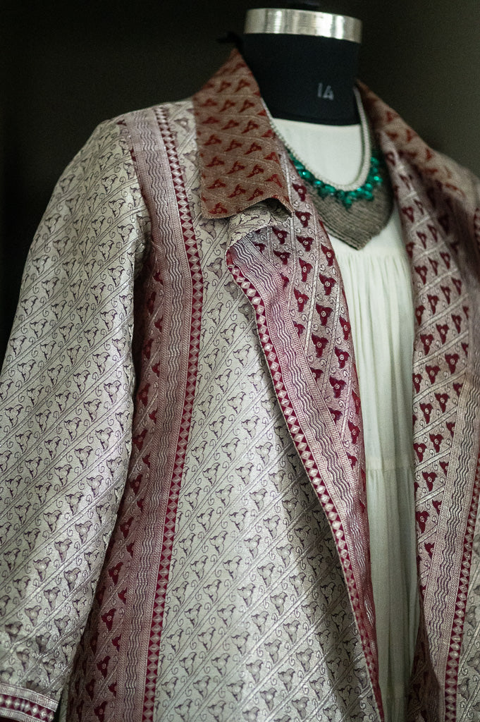 Jama 41, Long Robe Style Coat made with Vintage Zari Silk  Saree in Rare Weave, Silver
