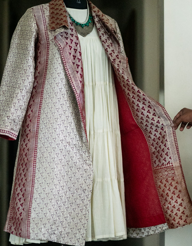 Jama 41, Long Robe Style Coat made with Vintage Zari Silk  Saree in Rare Weave, Silver