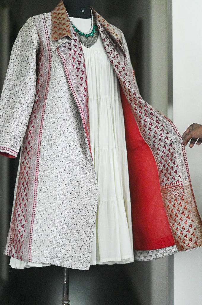 Jama 41, Long Robe Style Coat made with Vintage Zari Silk  Saree in Rare Weave, Silver