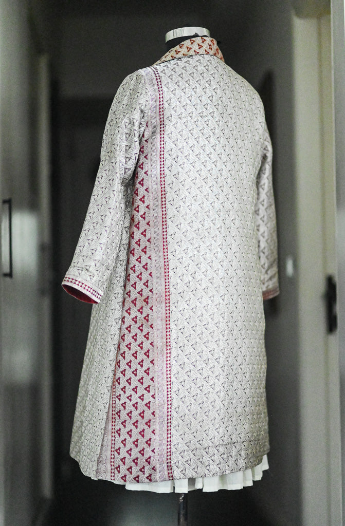 Jama 41, Long Robe Style Coat made with Vintage Zari Silk  Saree in Rare Weave, Silver
