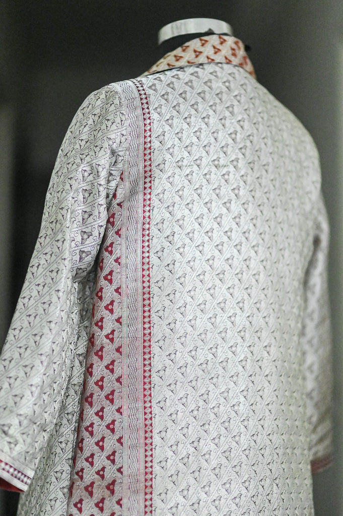 Jama 41, Long Robe Style Coat made with Vintage Zari Silk  Saree in Rare Weave, Silver