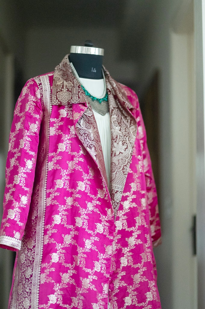 Jama 47, Long Robe Style Coat made with Vintage Zari Silk  Saree in Dark Fuschia