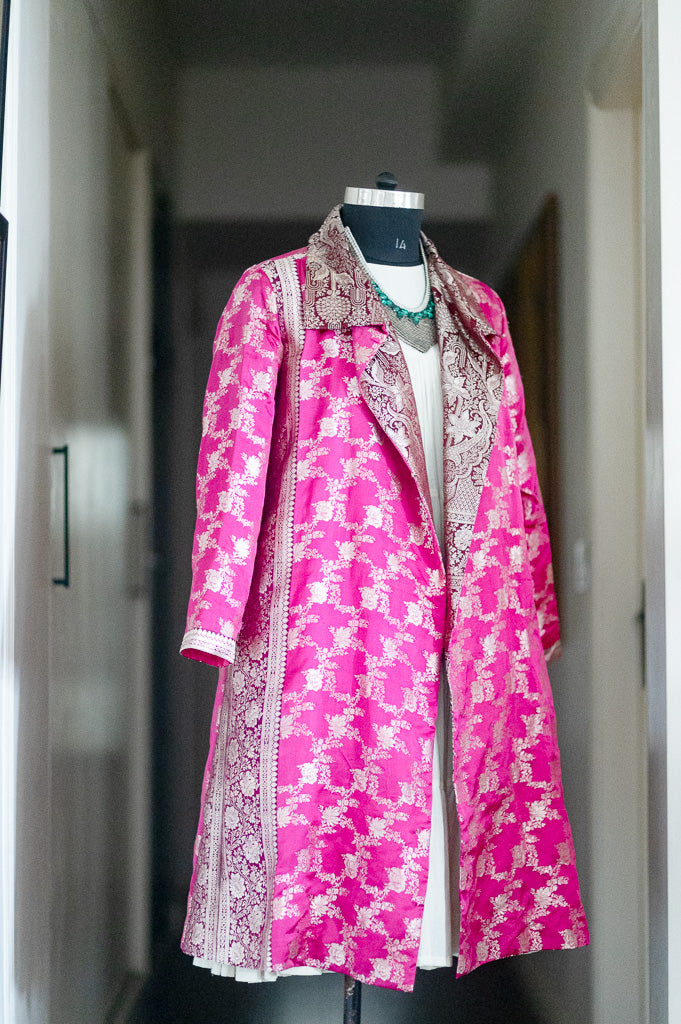 Jama 47, Long Robe Style Coat made with Vintage Zari Silk  Saree in Dark Fuschia