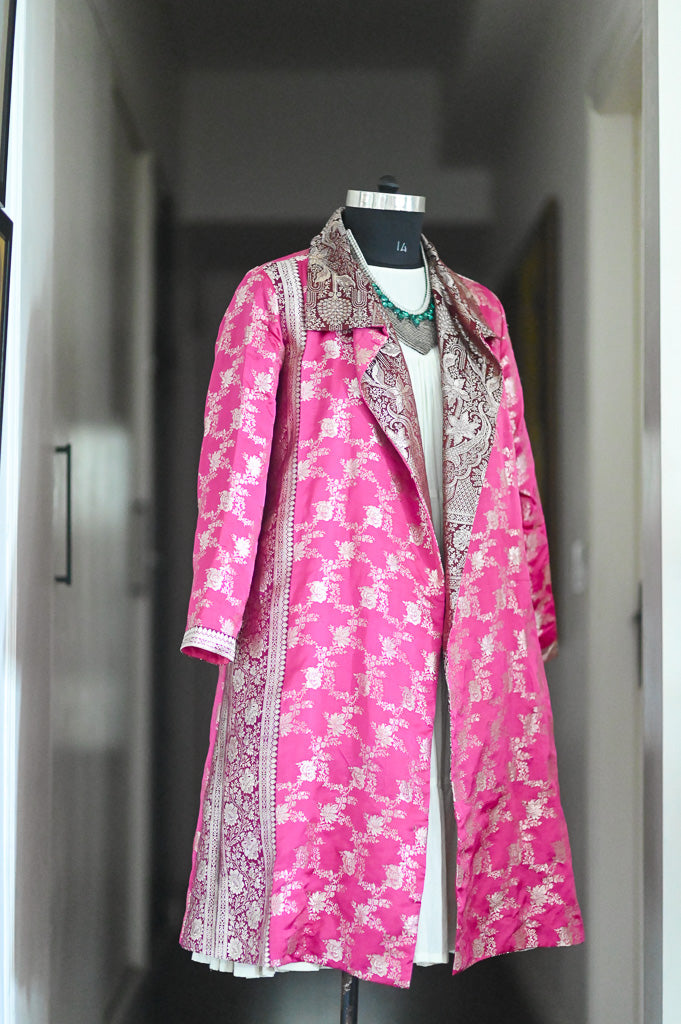 Jama 47, Long Robe Style Coat made with Vintage Zari Silk  Saree in Dark Fuschia
