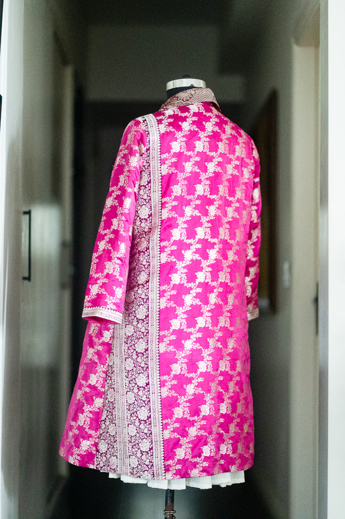 Jama 47, Long Robe Style Coat made with Vintage Zari Silk  Saree in Dark Fuschia
