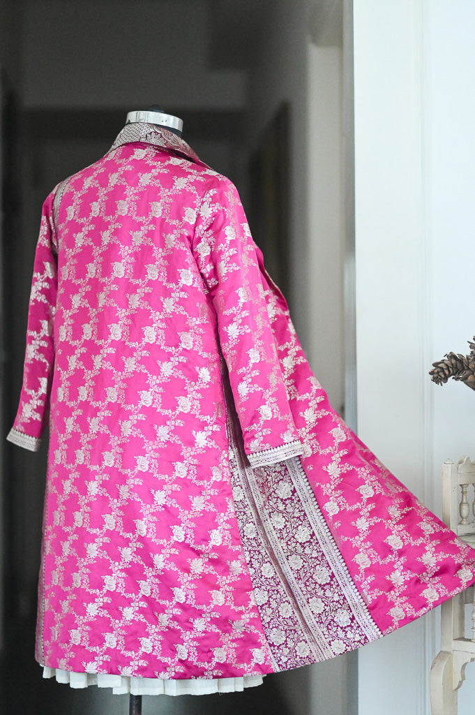Jama 47, Long Robe Style Coat made with Vintage Zari Silk  Saree in Dark Fuschia