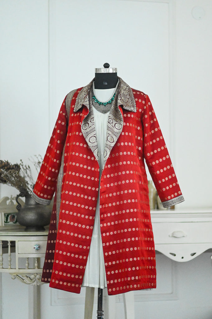 Jama 46, Long Robe Style Coat made with Vintage Zari Silk  Saree in Dark Red &amp; Maroon