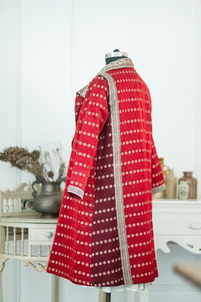 Jama 46, Long Robe Style Coat made with Vintage Zari Silk  Saree in Dark Red &amp; Maroon
