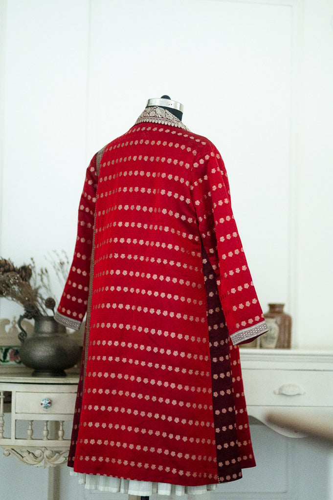 Jama 46, Long Robe Style Coat made with Vintage Zari Silk  Saree in Dark Red &amp; Maroon