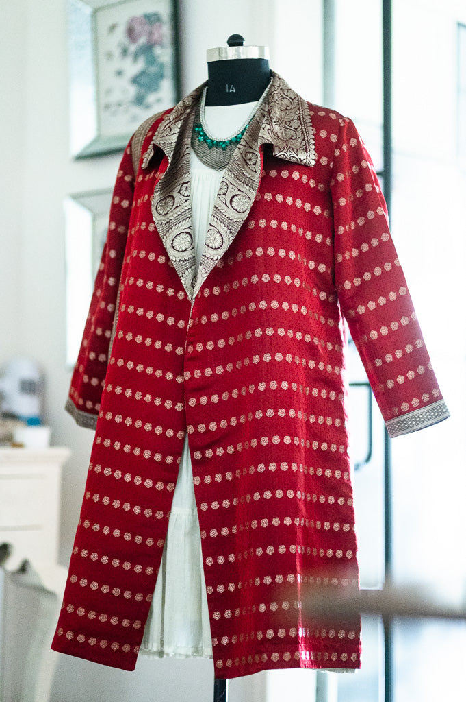 Jama 46, Long Robe Style Coat made with Vintage Zari Silk  Saree in Dark Red &amp; Maroon