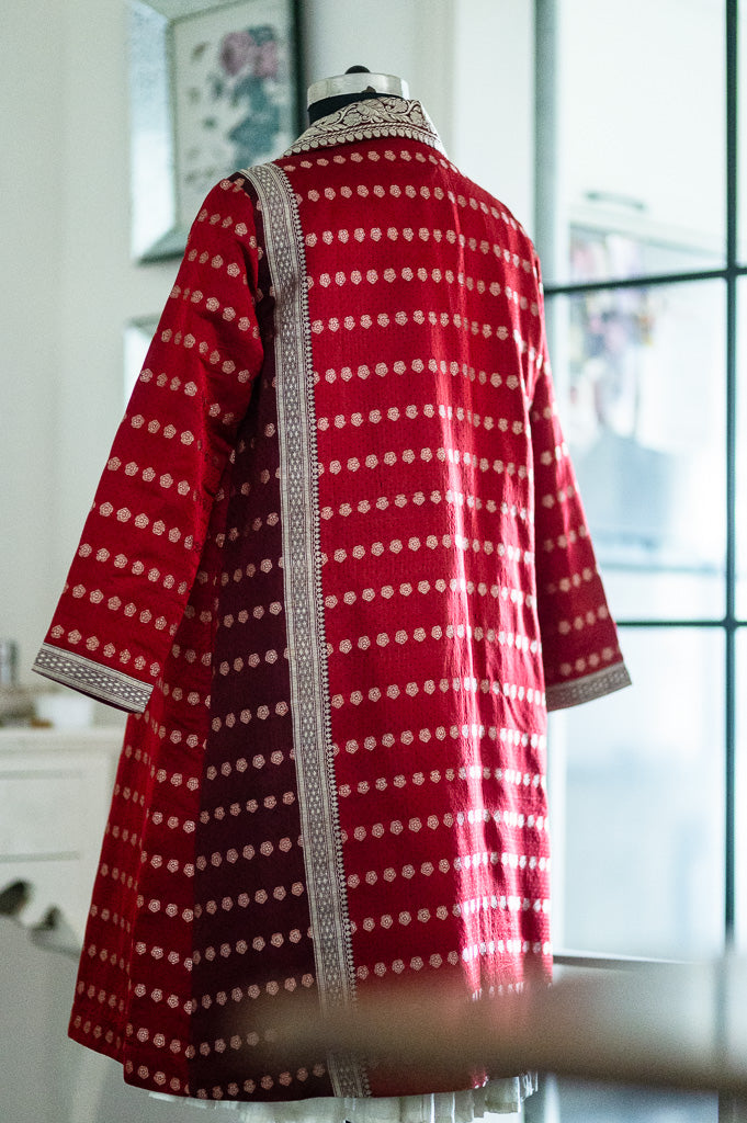 Jama 46, Long Robe Style Coat made with Vintage Zari Silk  Saree in Dark Red &amp; Maroon