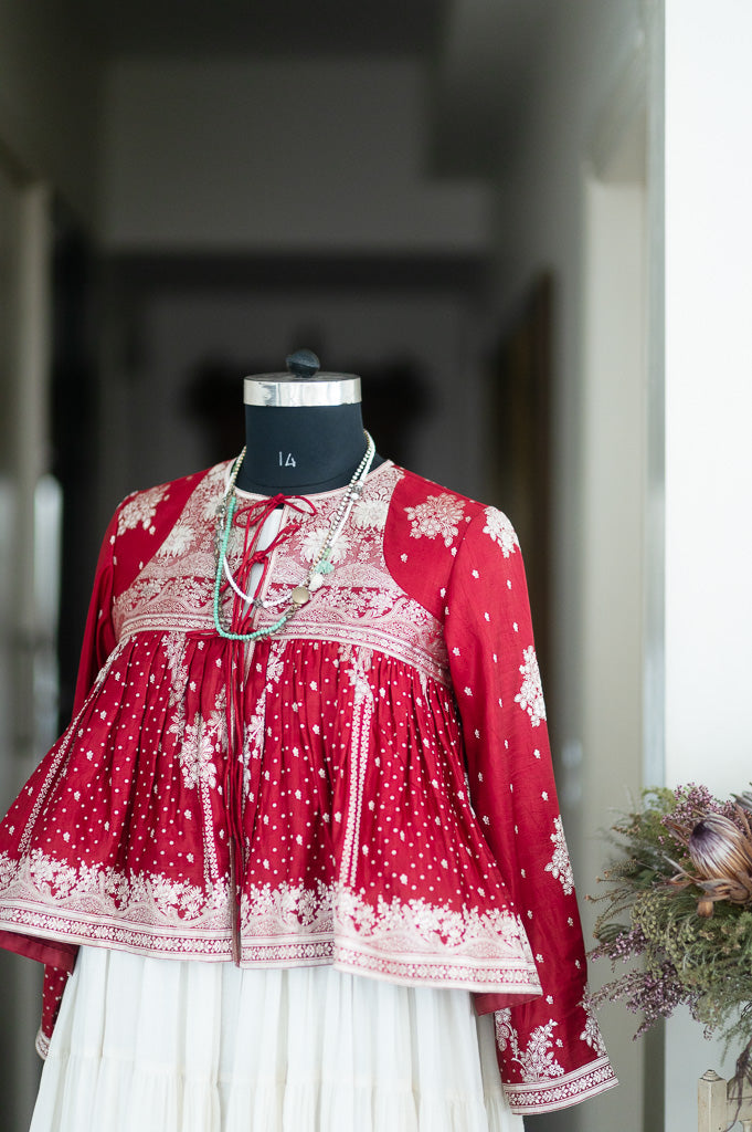 Deep red katan silk kedia blouse 
